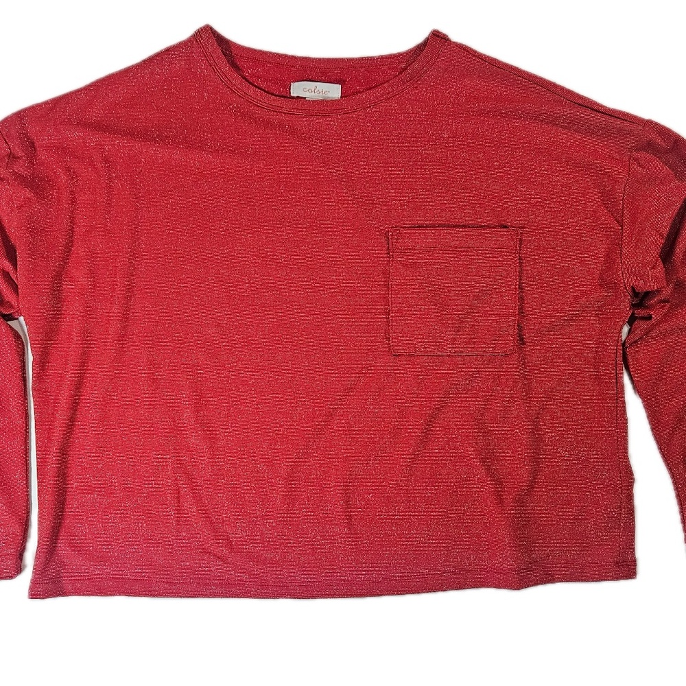 Colsie Shirt Womens Large Red Long Sleeve Pocket‎ Shimmer Metallic Loungewear